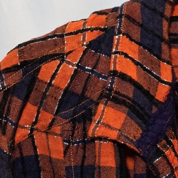 We The Free Orange Blue Plaid Button Snap Raw Hem Long Sleeve Oversized Top, XS - Picture 4 of 9